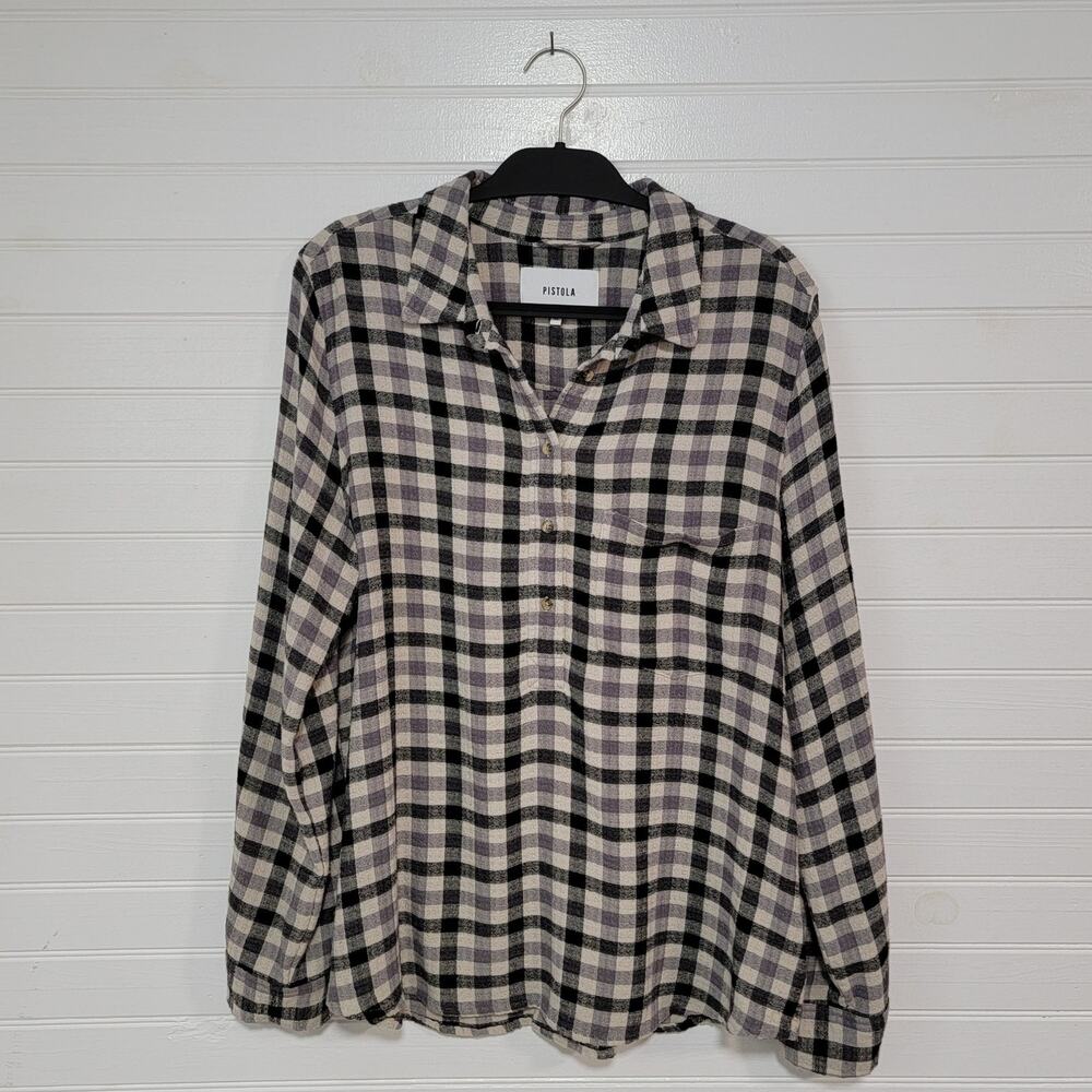 Pistola Half Button Popover Flannel Shirt Size XL Plaid Roll Tab Long Sleeve